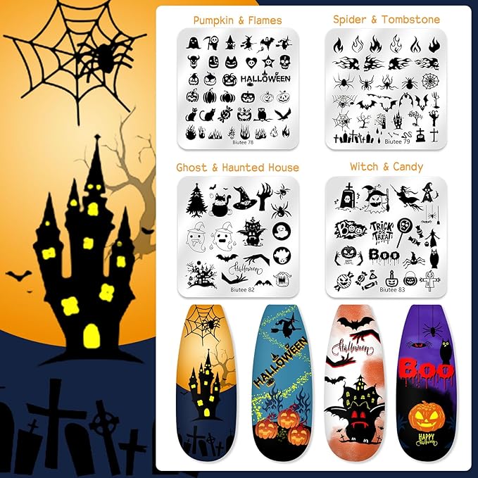 Biutee Nail Stamping Plate 20Pcs Nail Stamper Kit 16Pcs Nail Art Stamping Plates with Silicone Stamper, Scraper & Storage Bag, Stamp Plates Star Plaid Love Leaf Template Halloween Design Gift