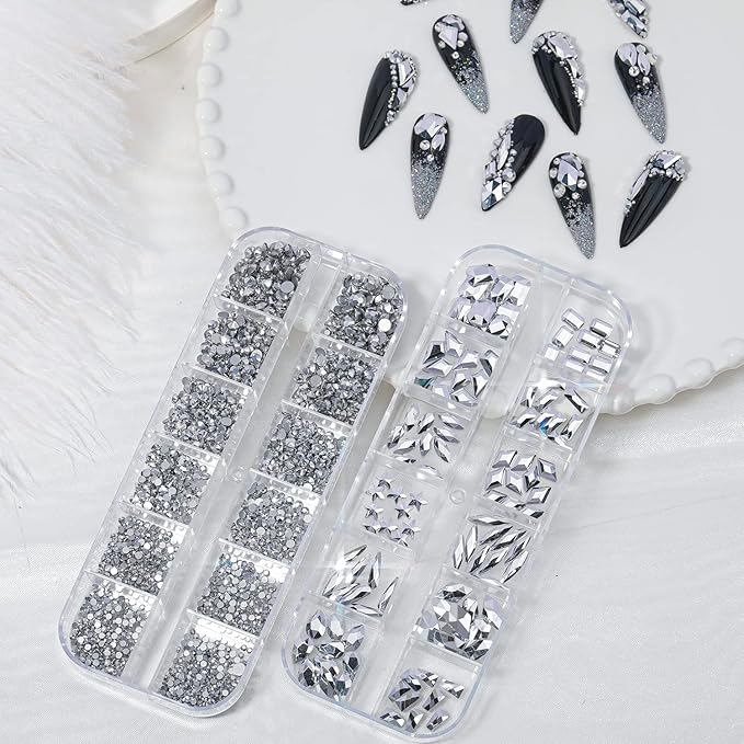 Nail Rhinestones - 3D Multi Shape Size, Flat Back, Manicure Rhinestones Charms, Crystal Silver Gems, with Kit, for Nail Art, Bedazzling Acrylic Nails, DIY Decor