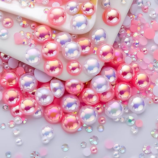 60g Light Pink White Pearl Rhinestones for Crafts Mixed Size 3mm-10mm AB Color Round Half Pearls Flatback Pearl Beads and Resin Rhinestones Set for Face Art with Gel