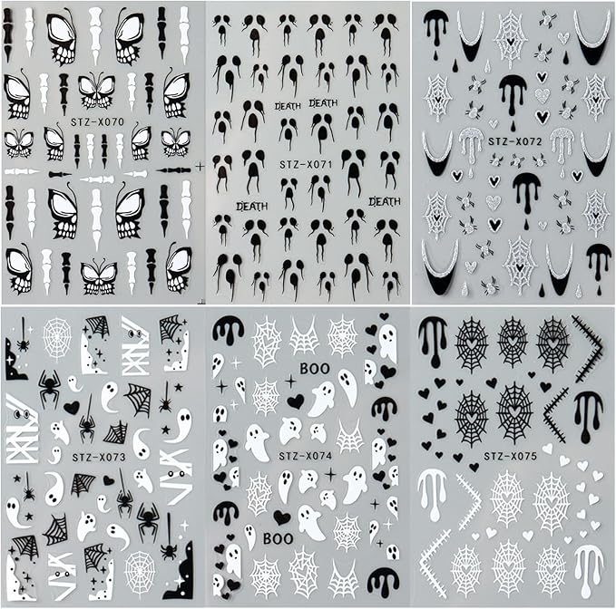 6 Sheets Halloween Nail Art Stickers 3D Self Adhesive Cute Nail Stickers Halloween Nail Art Decals Ghost Spider Web Butterfly Heart Nails Design Manicure Decorations for Women DIY Nail Supplies