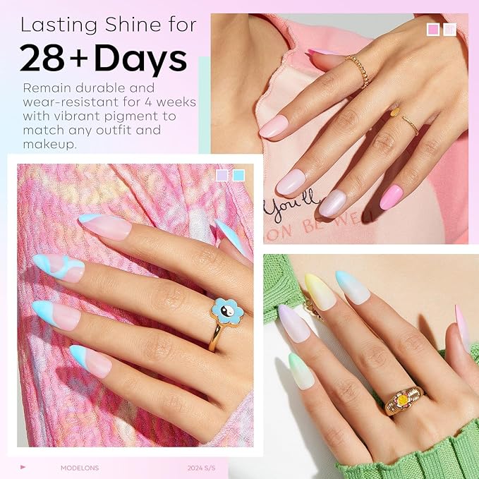 modelones 32 PCS Summer Gel Nail Polish Set, 28 Colors Pastel Gel Polish with No Wipe Base Coat, Glitter & Glossy & Matte Top Coat Maracon Colors Soak Off LED Nail Art Kit
