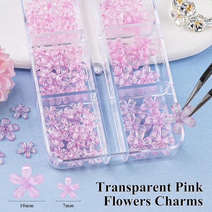 4 Boxes 3D Flower Nail Charms and Gems - Pink Nail Flower Charms Crystal AB Clear Gemstones Silver/Gold Caviar Beads White/AB Pearls for Women DIY Manicure Crafts (18-S4-Pink)