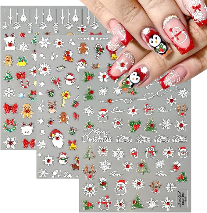 3 Sheets Christmas 5D Embossed Nail Art Stickers - White Snowflake & Santa Claus Nail Decals for Winter