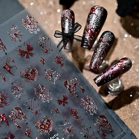 Halloween Nail Stickers for Nail Art 5D Red Rhinestone Spider Nails Decals Self Adhesive Bloody Butterfly Heart Spider Web Design Halloween Spider Nails Art Stickers for Women Manicure Supplies 1PCS