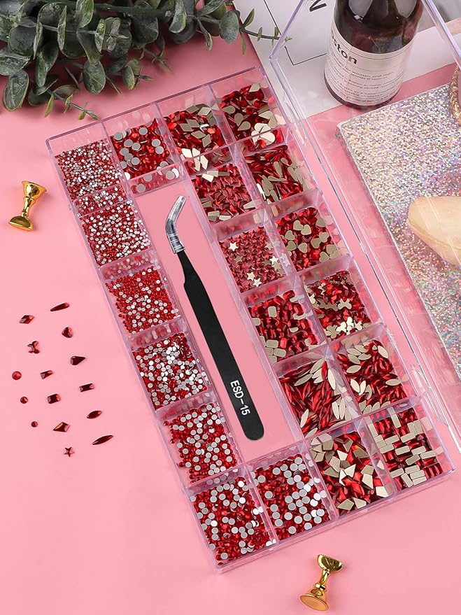 3100Pcs Red Rhinestones for Nails EBANKU Nail Art Rhinestones Kit Red Nail Crystal Rhinestones Mixed Shape with Rhinestone Picker Dotting Pen Tweezers for Christmas DIY Nail Art Craft