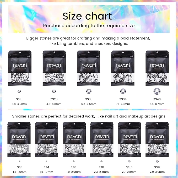 Novani Rhinestones Flatback Rhinestones Glass Gems Stones Jewels Round Gemstones Non-Hotfix Crystal for Nail Crafts,SS12,1440 Pieces,Hematite Black