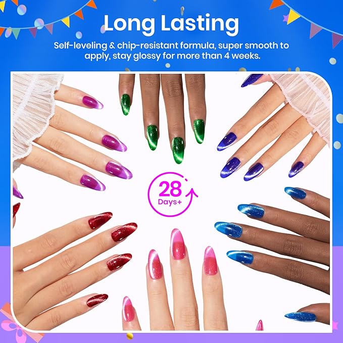 Beetles Cat Eye Gel Nail Polish, 6 Colors Christmas Cat Eye Glitter Gel Polish Set Neon Red Pink Purple Blue Green with Magnet Velvet Gel Kit Soak Off UV French Nail Art Manicure Gift for Women