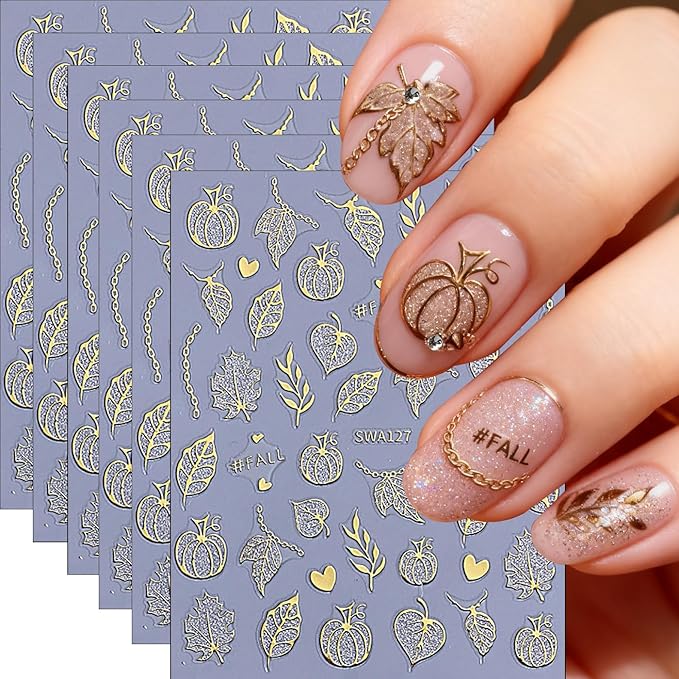Fall Nail Art Stickers, Gold Maple Leaves Nail Decals 3D Self-Adhesive with Pumpkin Maple Leavers Design Gold Fall Nails Stickers 6Pcs Glitter Nail Art Supplies for Women Nail Decoration