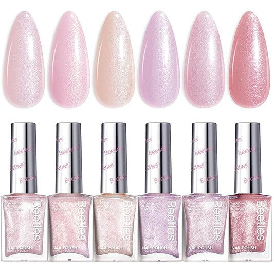 Beetles Pink Nail Polish Set, 6 Colors Glitter Quick Dry Nail Polish Kit Sly Moonlit Fairy Fingernail Polish Gifts for Women Salon DIY Manicure Kit