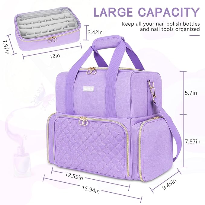Nail Polish Organizer Holds 80 Bottles and a Nail Lamp,Nail Polish Carrying Case with 2 Removable Bags,Nail Organizers and Storage for Nail Tech,Portable Nail Polish Holder for Nail Supplies,Purple