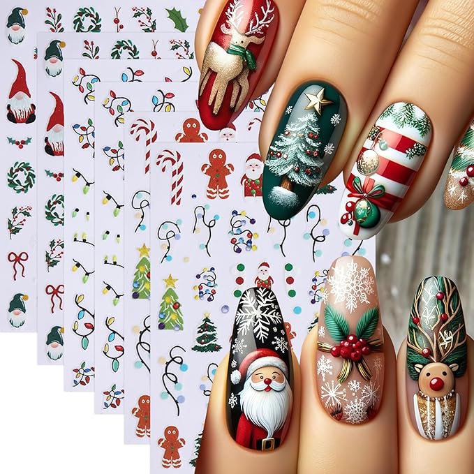 6 Sheets Christmas Nail Art Stickers Gingerbread Man Nail Stickers 3D Christmas Tree Santa Claus Nail Decals Winter Cartoon Christmas Light Design Nail Supplies for Women New Year DIY Manicure Decor