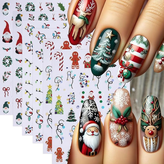 6 Sheets Christmas Nail Art Stickers Gingerbread Man Nail Stickers 3D Christmas Tree Santa Claus Nail Decals Winter Cartoon Christmas Light Design Nail Supplies for Women New Year DIY Manicure Decor