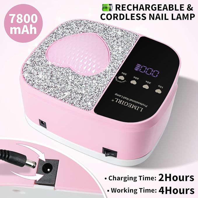 LimeGirl UV LED Nail Lamp Kit for Gel Polish Professional Fast Curing Pink Dryer Light Set with 4 Timer Settings Cordless Rechargeable Nail Art Cure Machine for Manicure Pedicure at Home and Salon