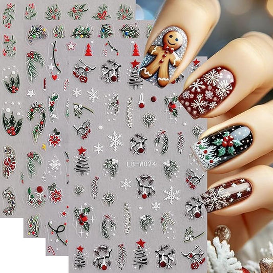 4Sheets Christmas Nail Art Stickers 3D Embossed Xmas Tree Elk Nail Decals for Acrylic Nails Self-Adhesive Holly Leaves Designs Nail Stickers Snowflake Star Nail Decal for Women Festive Manicure Decor