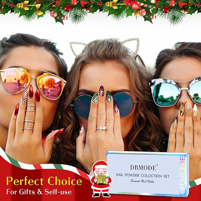 Christmas Red Green Chrome Nail Powder, DRMODE 6 Colors Gold Silver Mirror Metallic Effect Nail Chrome Powder, Blue Rose Gold Champagne Colored Chrome Powder for Nails Palette Pigment for Nail Art