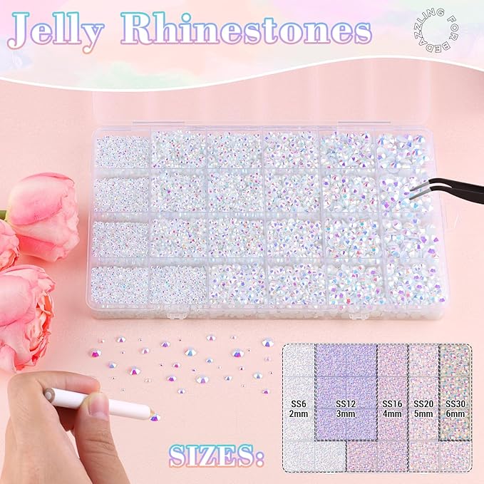 25000Pcs Resin Jelly Rhinestones with Tweezers for Crafting, 2-6mm Mixed Sizes (White AB) Non Hotfix Flatback Gems, Bedazzling Crystal for DIY Crafts Clothing Tumblers Mugs Shoes Decor Nail Art