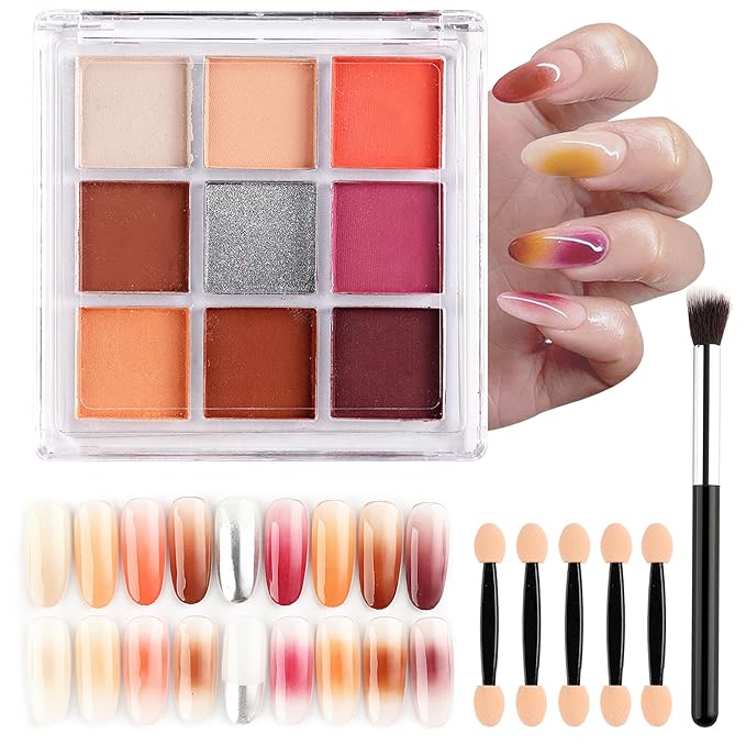 Nail Pigment Palette 9 Colors Gradient Effect Solid Nail Powder for Beginners Nail Salon Home DIY Nail Art Decor for Ombre Nails, Nail Supplies #01