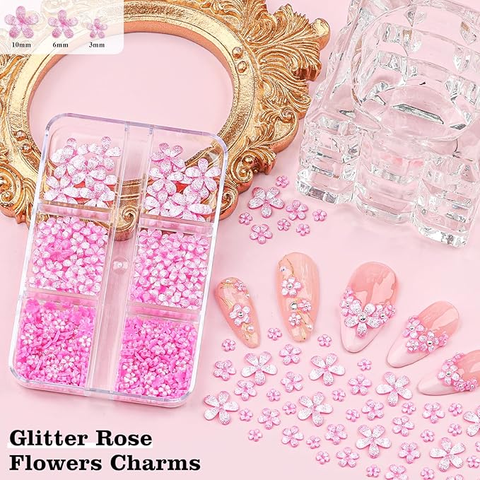 4 Boxes 3D Flower Nail Charms and Gems - Rose Nail Flower Charms Crystal AB Clear Gemstones Silver/Gold Caviar Beads White/AB Pearls for Women DIY Manicure Crafts (19-S4-Rose)