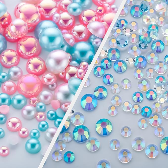 60g Cyan Pink Flat Back Pearls Rhinestones for Crafts Mixed Size 3mm-10mm AB Color Round Half Pearls Flatback Pearl Beads and Resin Rhinestones Set for Face Art with Gel