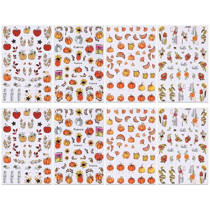 8 Sheets Fall Nail Stickers - Autumn Pumpkin Leaf Floral Self-Adhesive 3D Nail Decals for Women Girls DIY Thanksgiving Day Manicure