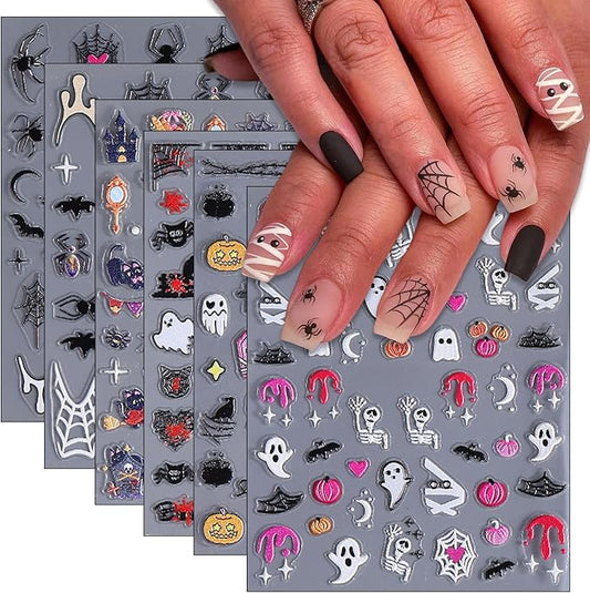 6 Sheets Halloween Nail Art Stickers Ghost Spider Web Skull and Pumpkin Nail Stickers Cute Nail Decals for Nails Art 3D Self-Adhesive Nail Art Supplies for Women Girls