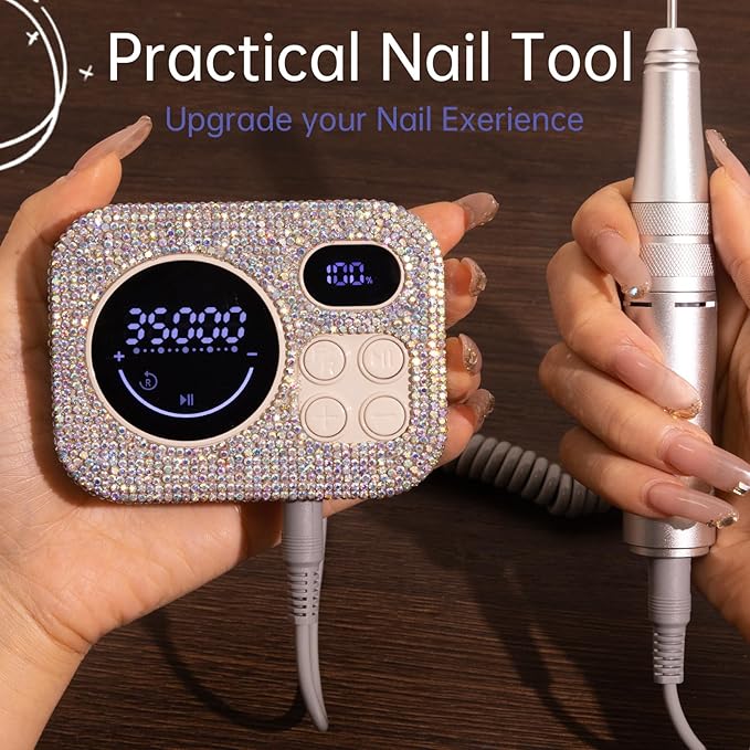 Professional Rechargeable Nail Drill 35000 RPM, Diamond Glitter Electric Nail File for Shaping, Removing & Polishing Gel Nails, Portable & Easy to Use, Ideal for Home & Salon Manicure Pedicure