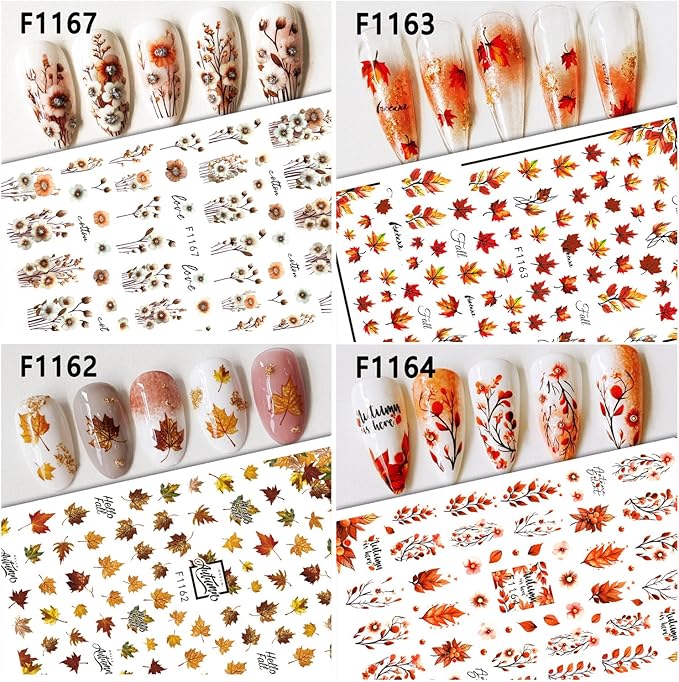 6pcs/Set Fall Maple Leaf Flower Nail Stickers for Nail Art Autumn Pumpkin Self-Adhesive Nail Decal 3D Floral & Leaves Design Nail Accessories Slider Thanksgiving DIY Manicure Decoration for Women