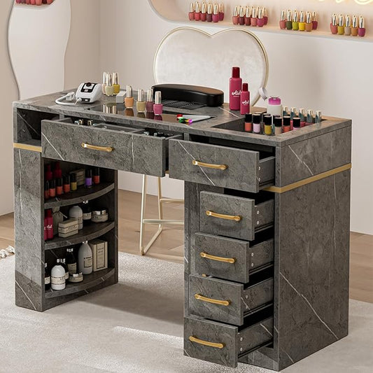 Nail Tech Table with Dust Collector, Glass Top Manicure Table Nail Desk Station w/7 Drawers & 3-Tiers Open Shelves, Nail Beauty Workstation w/Wrist Cushion & Golden Handles（Gray Marble Color）