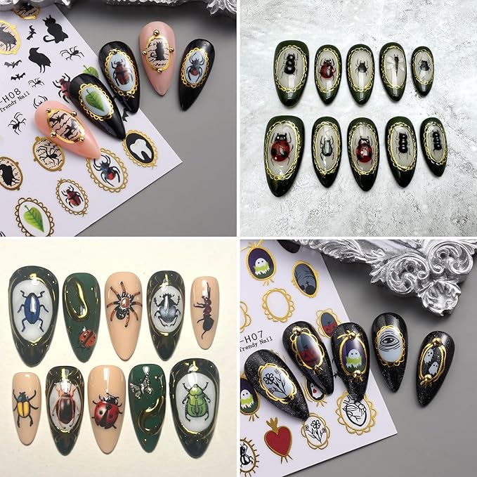 2Sheets Halloween Nail Art Stickers 3D Ghost Spider Nail Decals with Gold Edge Designs Nail Stickers Self Adhesive Bat Heart Nail Decal Black Cat Crow Nail Sticker for Women DIY Nails Decor Supplies