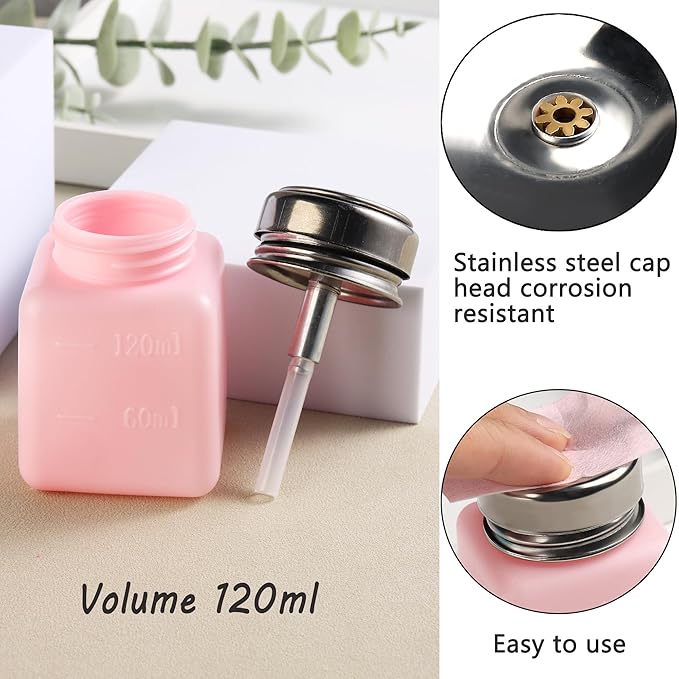 Pump Dispenser 120ml Metal Push Down for Alcohol, Eye Makeup Remover, Nail Polish Remover - 200Pcs Lint Free Nail Wipes Included