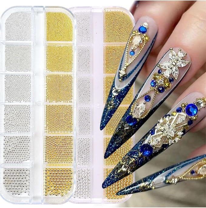Mini Small Nail Beads Silver Gold Nail Charms and Gems Ball Metal Caviar Bead, Nail Chain for Nail Art Accessories Supplies Gold Rhinestones for Women Manicure 2