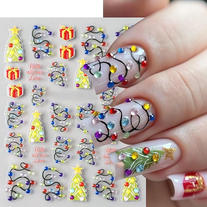 4 Sheets Christmas Nail Art Stickers 5D Embossed Winter Nails Decals Red Gold Heart Bow Nail Stickers Gold Circle Cherry Xmas Nails Design Winter Nail Supplies for Women Acrylic Manicure Decorations