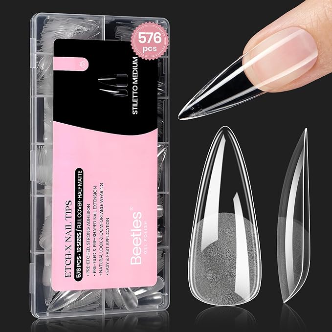Beetles Gel Nail Tips Etch-X, Stiletto Medium, 576Pcs 12 Sizes, Pre-Etched Half Matte Full Cover Soft Acrylic Fall Halloween False Nail Tips Easy DIY Press On Nail Extensions Salon Gift for Women