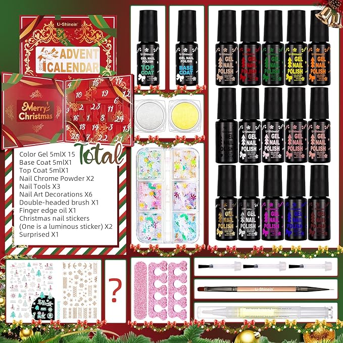 Nail Polish Advent Calendar 2025，24-Piece Nail Varnish Advent Calendar Christmas Calendar for Women and Girls, Nail Polish Colours Kit, Nail Art Tool Glitter Decorations Care and Accessories