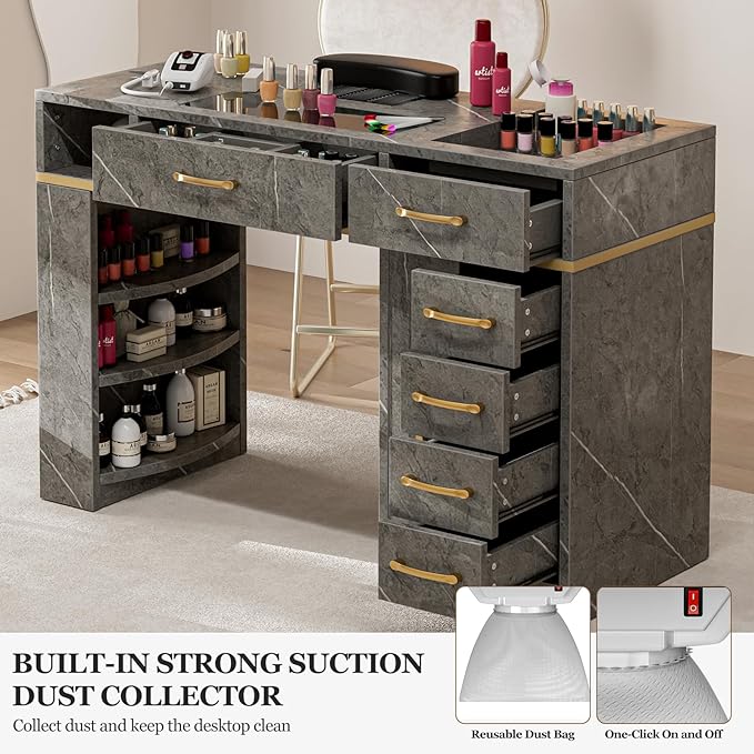 Nail Tech Table with Dust Collector, Glass Top Manicure Table Nail Desk Station w/7 Drawers & 3-Tiers Open Shelves, Nail Beauty Workstation w/Wrist Cushion & Golden Handles（Gray Marble Color）