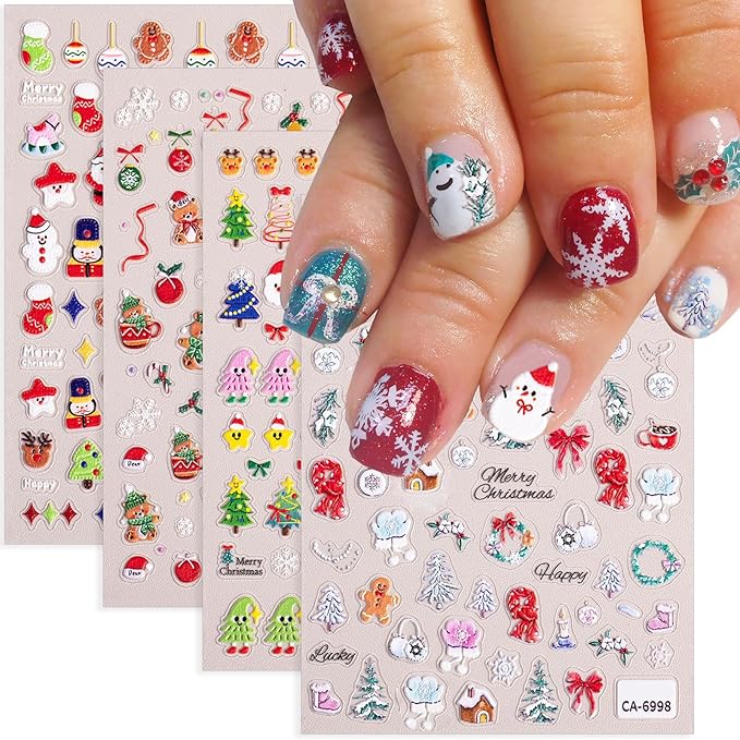 4 Sheets Christmas Nail Stickers for Nail Art, Cute Santa Claus Xmas Tree Christmas Nail Art Stickers 5D Embossed Snowmen Snowflake Design Winter Nail Decals for Women Holiday Manicure Decoration