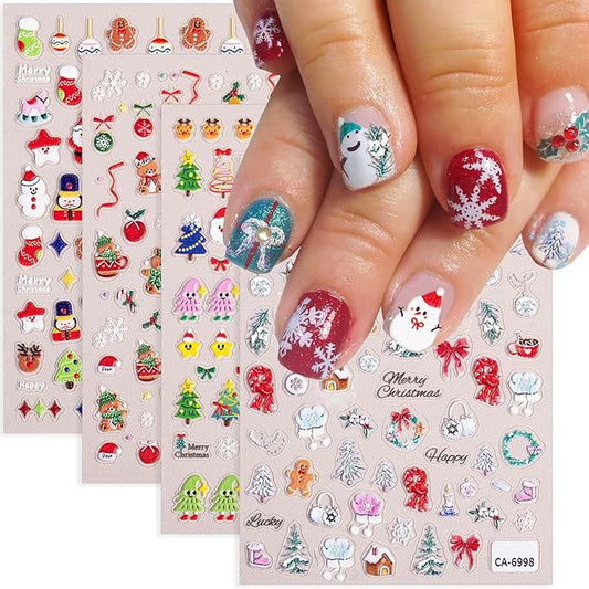 4 Sheets Christmas Nail Stickers for Nail Art, Cute Santa Claus Xmas Tree Christmas Nail Art Stickers 5D Embossed Snowmen Snowflake Design Winter Nail Decals for Women Holiday Manicure Decoration