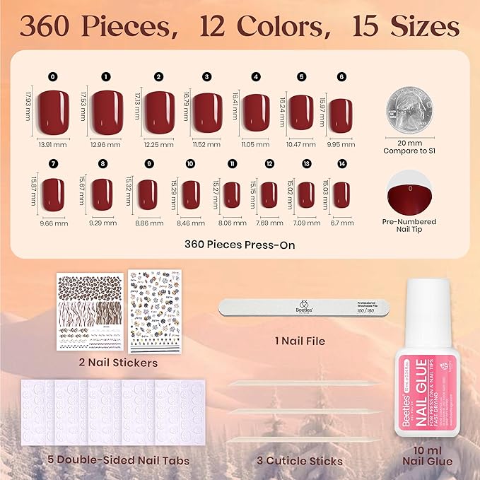 Beetles Press On Nails Kit - Festival Glow | 360Pcs 12 Colors Short Square Press On Nails | 15 Sizes Matte Glossy Glitter With Nail Glue & Nail Tabs Stickers, Fake Nails Kit Art For Women