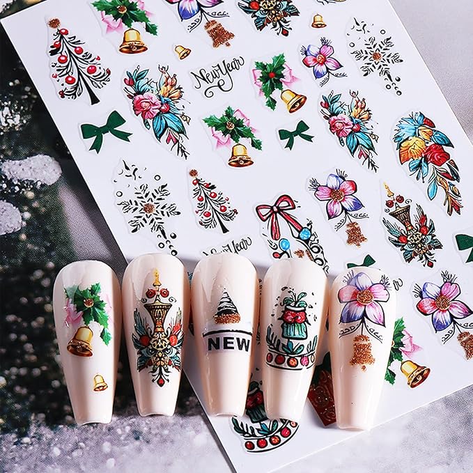 Christmas Nail Art Stickers 3D Self-Adhesive Holly Sprig Bow Snowman Glitter Xmas Tree Designs Nail Stickers Santa Claus Elk Flower Nail Decal for Women DIY New Year Manicure Decoration 5 Sheets