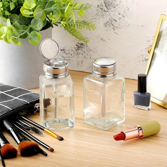 Lallisa 2 Pcs 6 Oz/ 180 ml Clear Pump Dispenser Bottle with Metal Flip Cover Glass Nail Polish Remover Push Down Dispenser Bottle Refillable Push Down Pump Dispenser Press Container for Makeup Remover