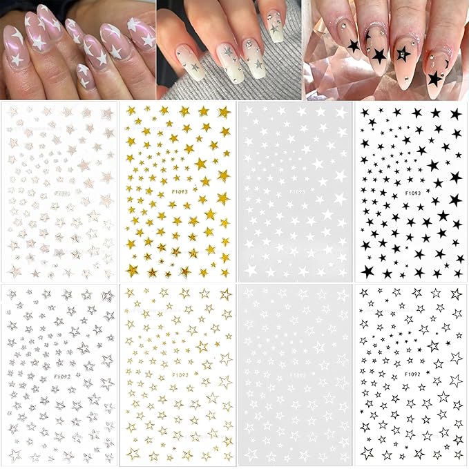 8Pcs Star Nail Stickers for Nail Art, 4 Color Star Nail Decals 3D Glitter Shiny Gold Silver White Black Stars Nail Designs Foil Transfer Sticker Pentagram Tip Slider DIY Manicure Decor Supplies