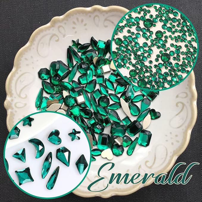 Emerald Green Nail Rhinestones Multi Shapes Flatback Green Crystals Gems Round Beads K9 Glass Stones Diamonds jewels Nail Art Supplies Nail Charms for Nails Faces Eyes Makeup Crafts DIY