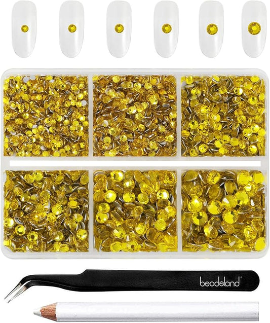 Beadsland 4300pcs Flatback Yellow Nail Gems Round Crystal Rhinestones for Crafts, Mixed 6 Sizes with Picking Tweezers and Wax Pencil Kit, SS6-SS20, Citrine/Lemon Yellow