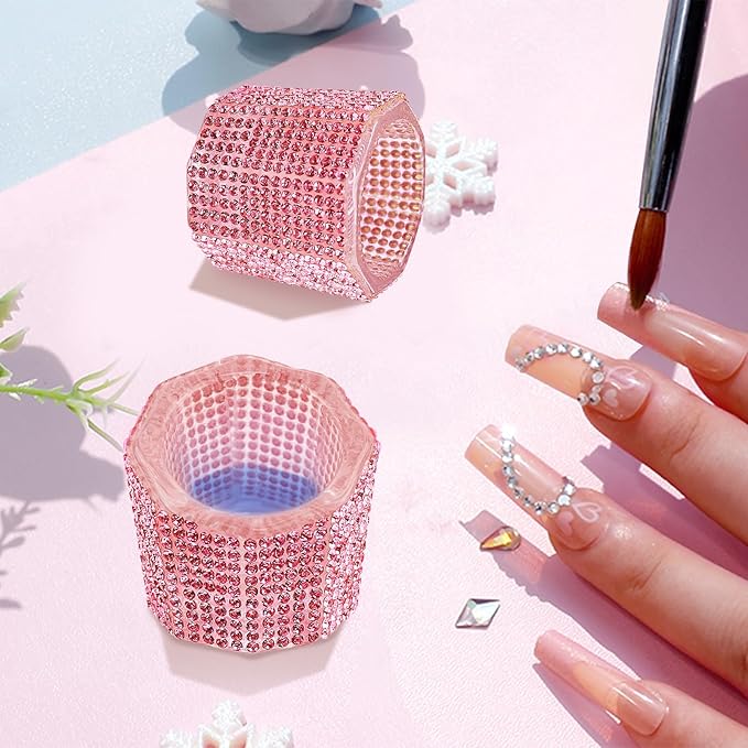Glass Dappen Dish for Acrylic Nails, Crystal Glitter Acrylic Liquid Powder Glass Cup Nail Liquid Glassware Bowl, Octagon (YSHJB020-2pcs-Pink)