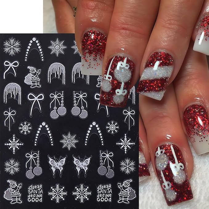 9 Sheets New Year Nail Stickers 3D Self-Adhesive Santa Claus Christmas Snowflake Nail Decals Elk Bow Xmas Tree Snowball Nail Art Stickers Butterfly Star Nail Decoration Supplies for Women Nail Designs