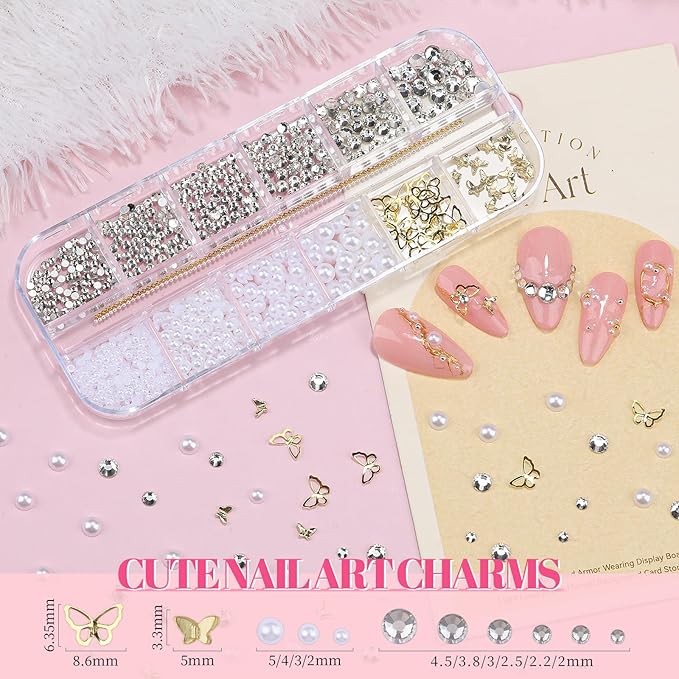2 Boxes Colorful Flower Nail Charms and Gems, Pink/White/Purple Nail Flower Charms Metal Butterfly Clear Rhinestones Gemstones Silver Caviar Beads White Flatback Pearls with Nail Chain (4-S2-Mixed1)