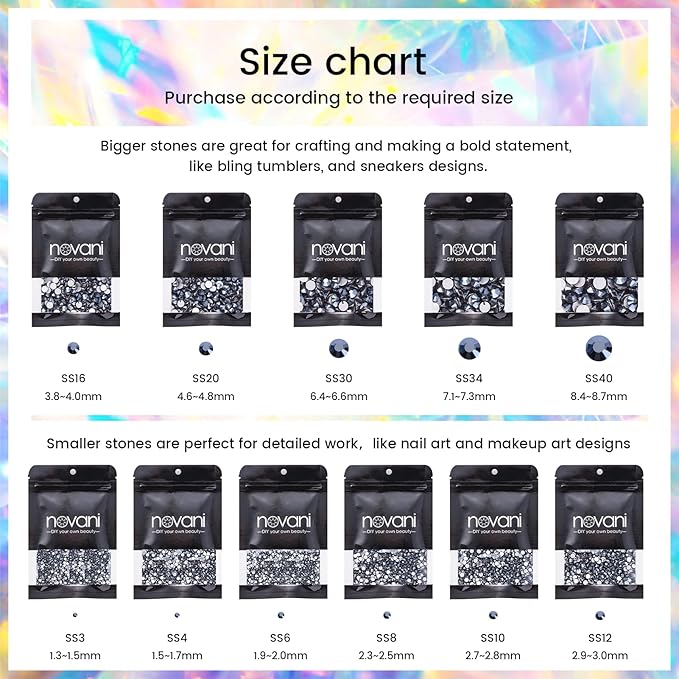 Novani Rhinestones Flatback Rhinestones Glass Gems Stones Jewels Round Gemstones Non-Hotfix Crystal for Crafts,SS30,288 Pieces,Shiny Black