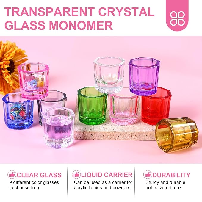 9 colors Dappen Dish Cups for Nail Art Acrylic Liquid - Clear Glass Nail Monomer Liquid Bowl Dampen Dish Acrylic Powder Holder, Acrylic Glass Jar for Nails
