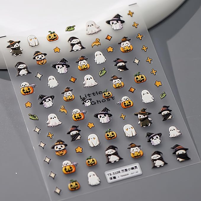 5D Embossed Halloween Nail Art Stickers Cute Ghost Self-Adhesive Pegatinas Uñas with Stars Leaf Pumpkin Designs Nail Decals Halloween DIY Manicure Supplies for Women Girls Nail Art Decoration 1Sheets