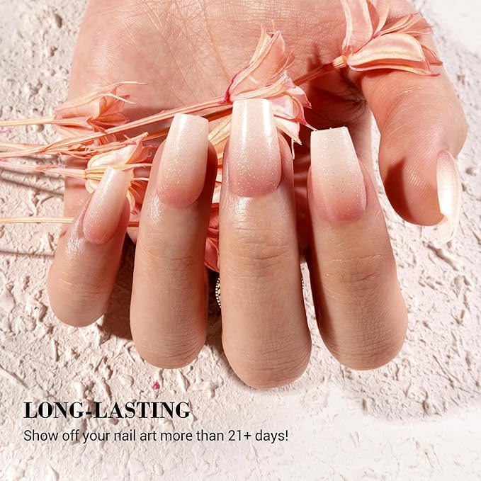 MelodySusie Semi Cured Gel Nail Strips (Pearly Pink Gradient), Works with Nail Lamp, Salon Quality, Long Lasting, Easy to Apply and Remove, Includes 20Pcs, 2 Prep Pads, Nail File and Wooden Stick